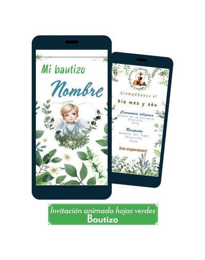 Invitación animada para bautizo (hojas verdes)