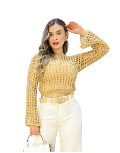 Blusa La Cabrera Tejida en Malla Camel - Mujer