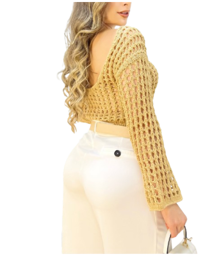 Blusa La Cabrera Tejida en Malla Camel - Mujer