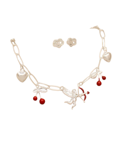 Collar Cupido con Corazones y Cerezas baño de plata | Sweet Accesorios