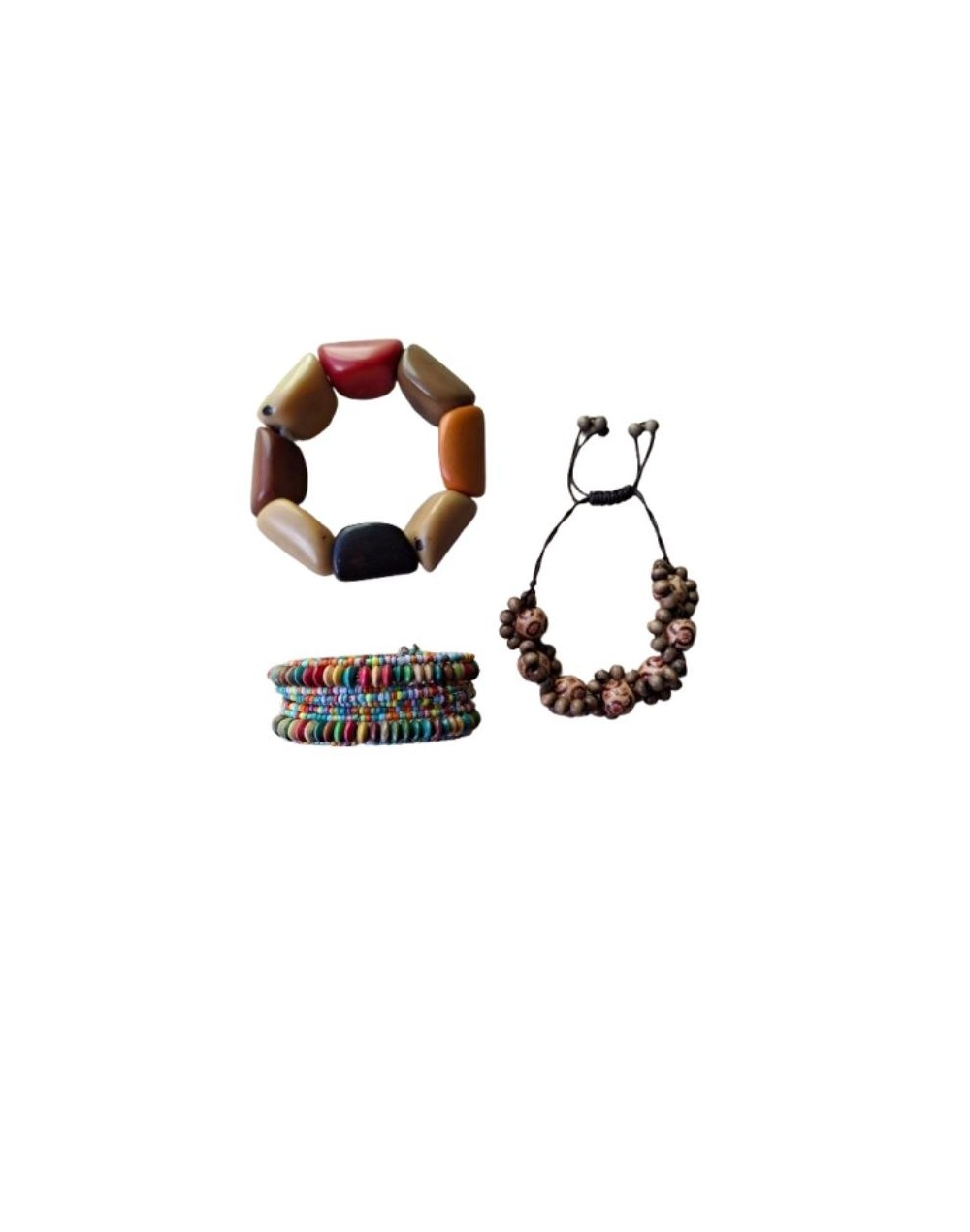 Pulseras de diferentes materiales: Tagua, madera, mostacillas