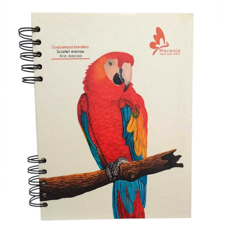 Agenda ecológica + papel plantable / guacamaya , scarlet macaw