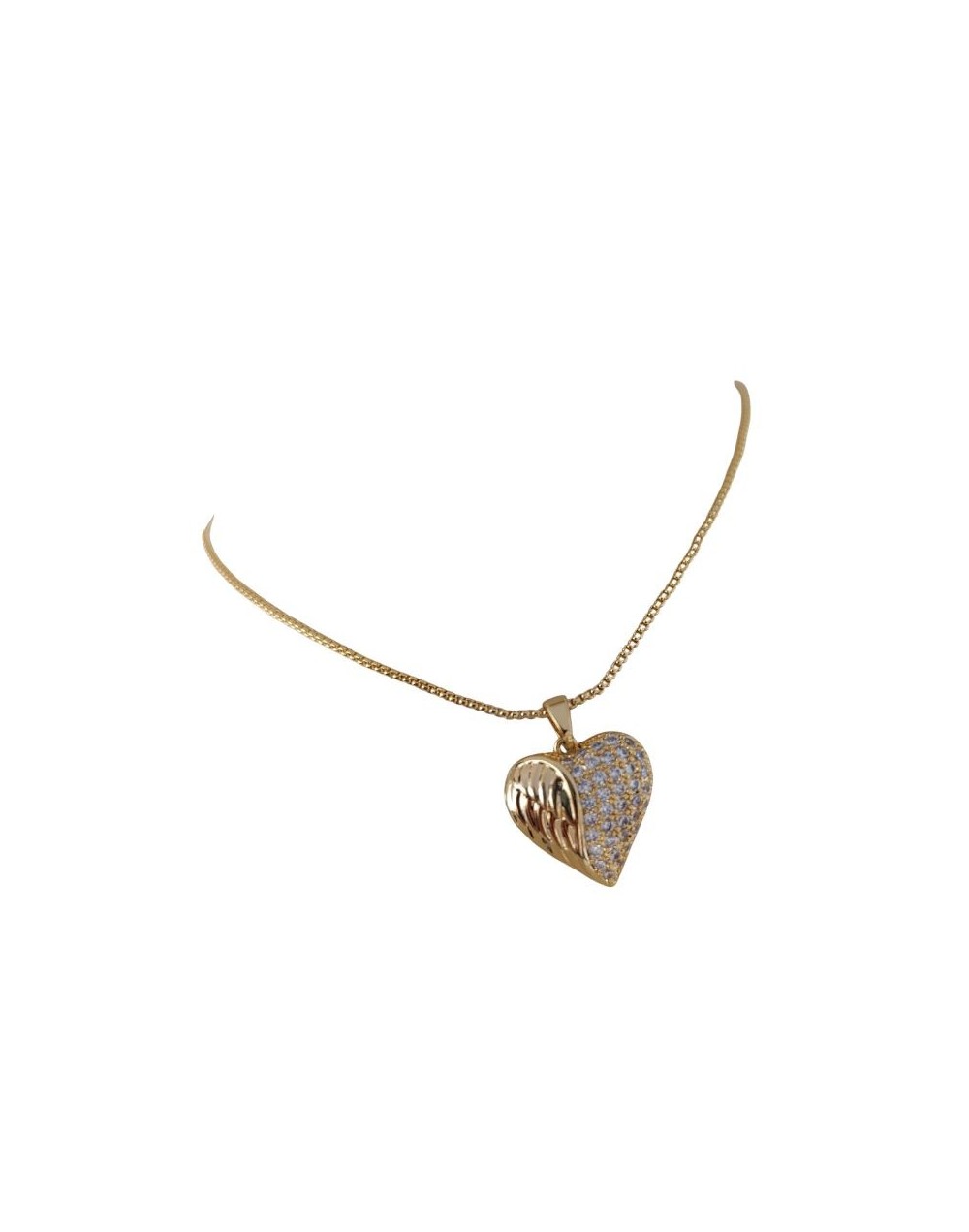 Hermosa Cadena con dije en forma de Corazón Ala Cristal Dorado en Rodio