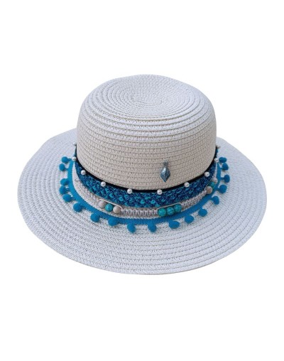 Sombrero Pava Blanco con adorno azul en Nylon