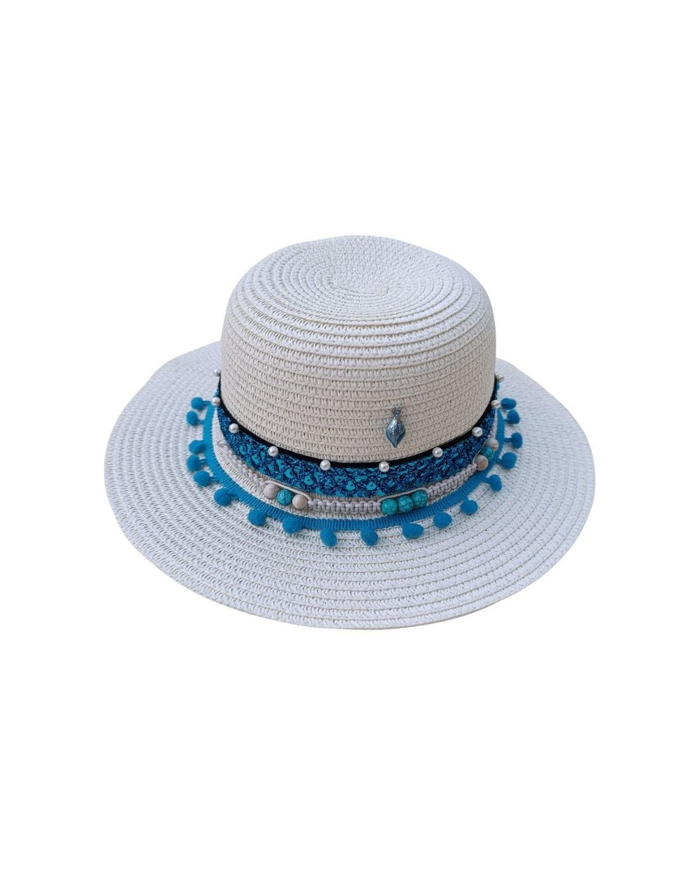 Sombrero Pava Blanco con adorno azul en Nylon