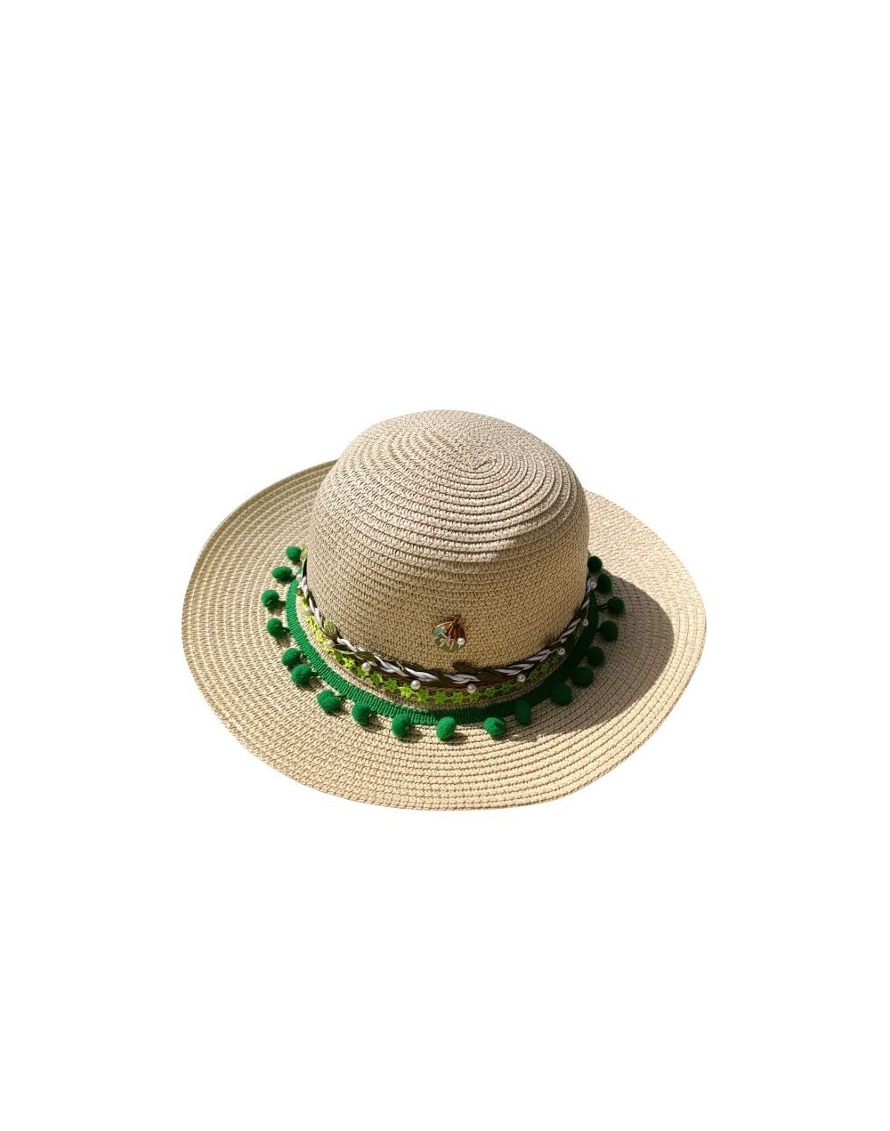 Sombrero Pava Café en Nylon con adornos Verdes