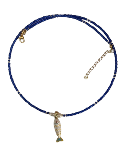 collar en mostacillas dije pescado rodio