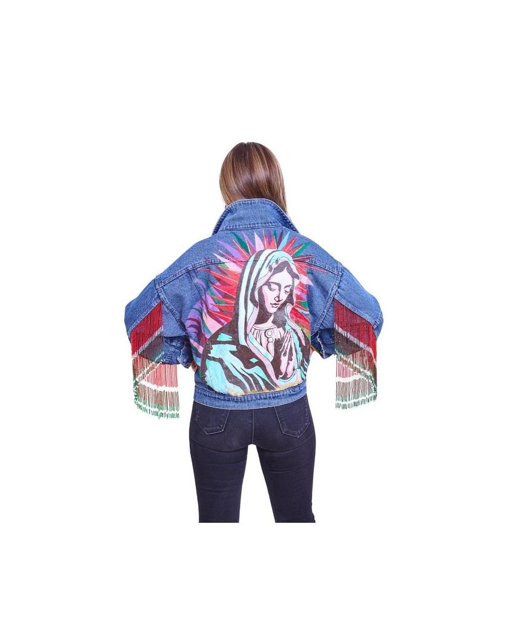 Chaqueta de jean pintada a mano y flecos de mostacilla
