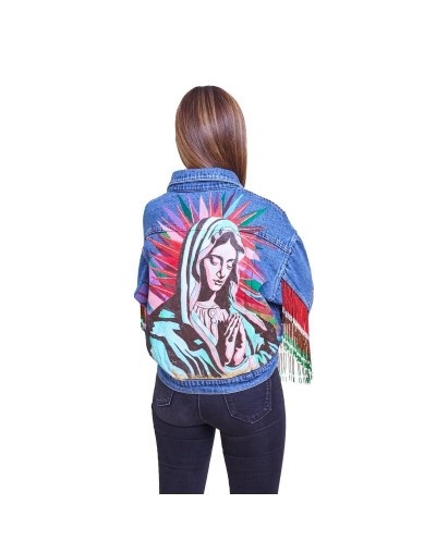 Chaqueta de jean pintada a mano y flecos de mostacilla