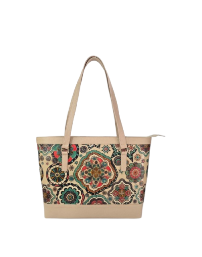 Bolso de Cuero Beige para Dama con Mandala Pintada a Mano universitario