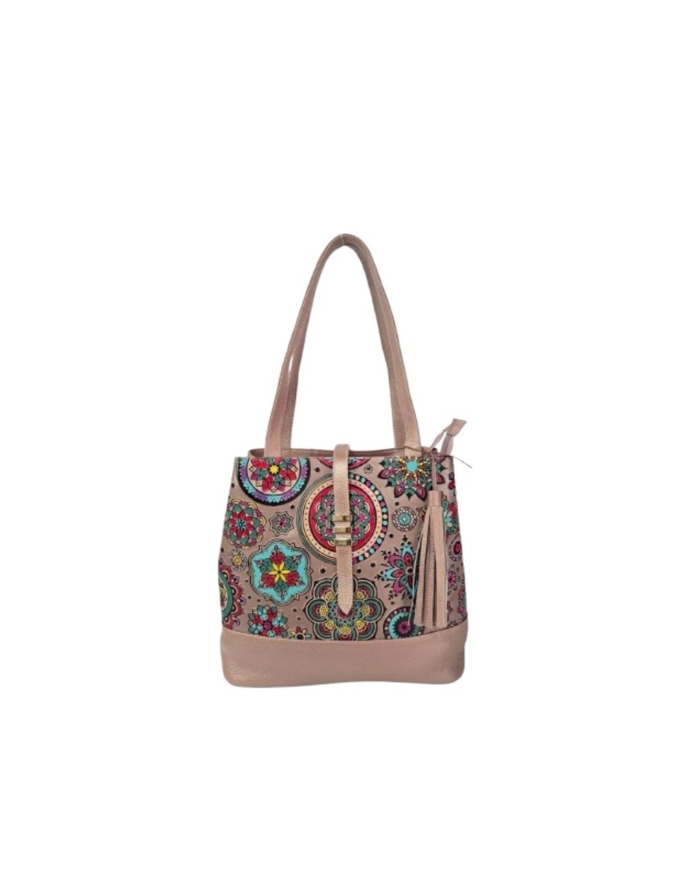 Bolso de Cuero Beige para Dama con Mandala Pintada a Mano