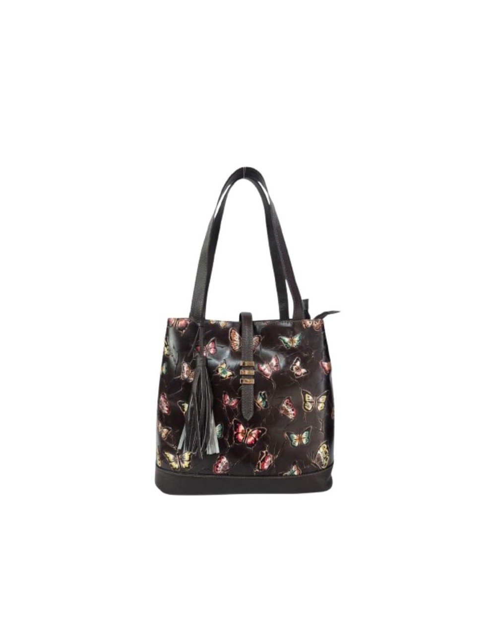Bolso de Cuero Café para Dama con Mariposas Pintada a Mano