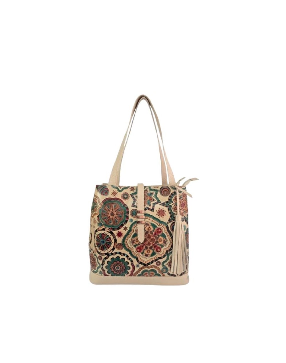 Bolso de Cuero Beige para Dama con Mandala Pintada a Mano