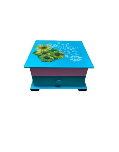 Joyero artesanal decorado con girasoles en técnica decoupage