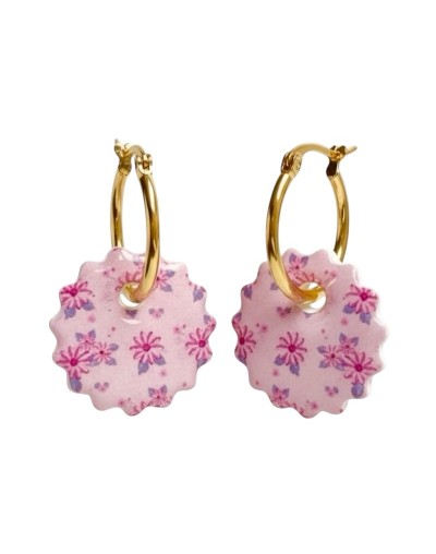 Aretes MI DOLÇA - Aro dorado con dije floral rosa pastel