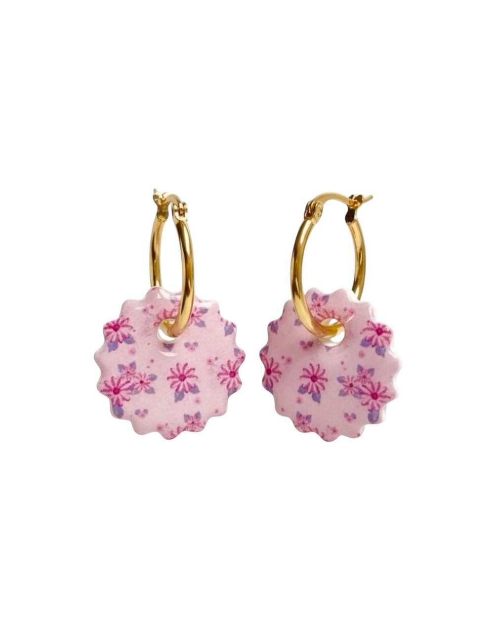 Aretes MI DOLÇA - Aro dorado con dije floral rosa pastel