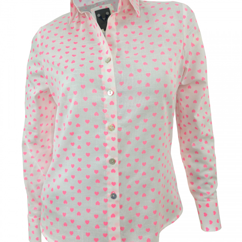 Blusa camisa rosa manga larga en algodón estampado corazones fluorescentes