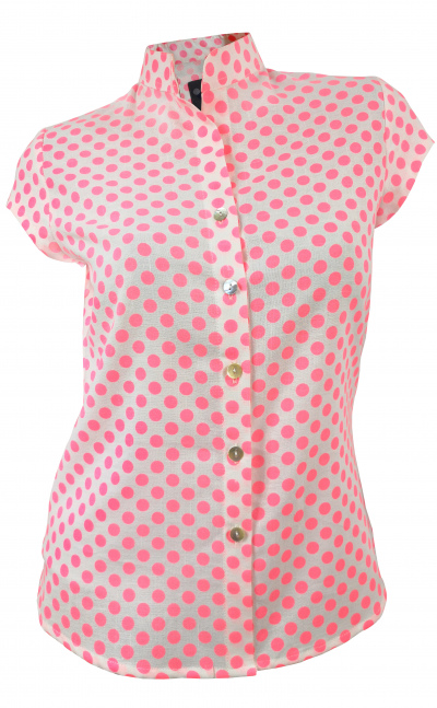 Blusa camisa rosa manga corta estampado en pepas fluorescentes cuello nerú