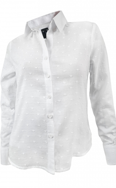 Camisa blusa blanca manga larga cuello clásico en algodón con textura
