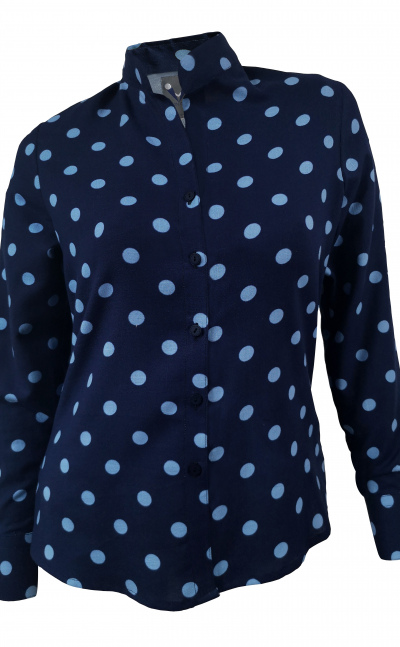 Blusa camisa azul manga larga en algodón estampado en pepas