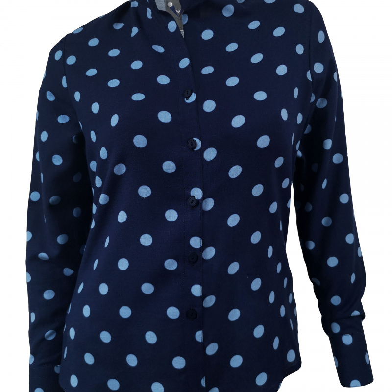Blusa camisa azul manga larga en algodón estampado en pepas