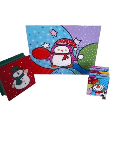 Combo Navideño Individuales x6 + Portavasos x6 + Caja Servilletera – MDF Resinado