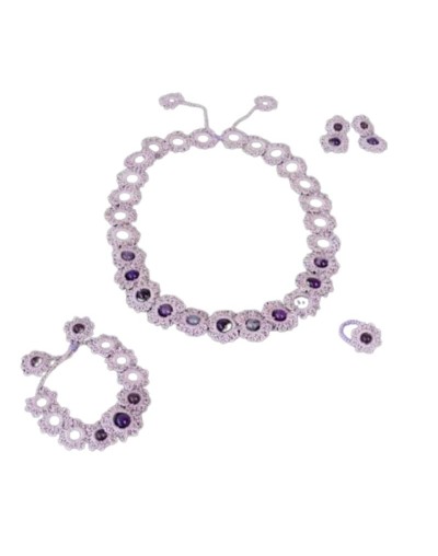 Juego aretes collar manilla y anillos crochet flores Mamá Pancha Artesanías