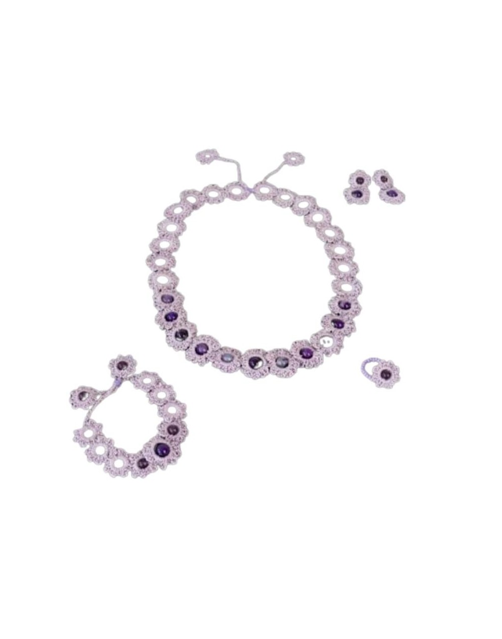 Juego aretes collar manilla y anillos crochet flores Mamá Pancha Artesanías