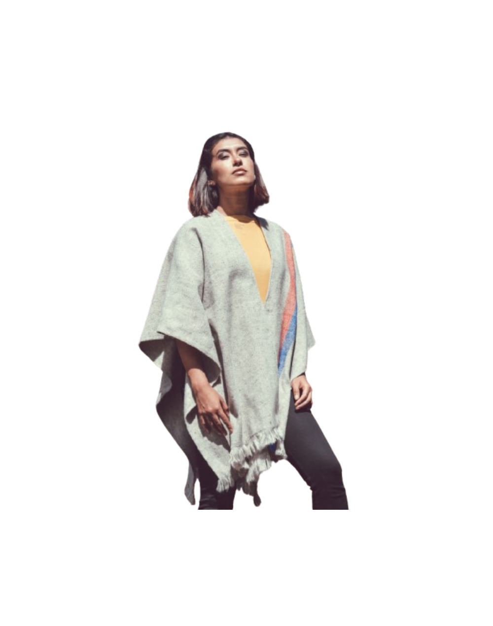 Capa ruana gris clara con franja vertical lisa