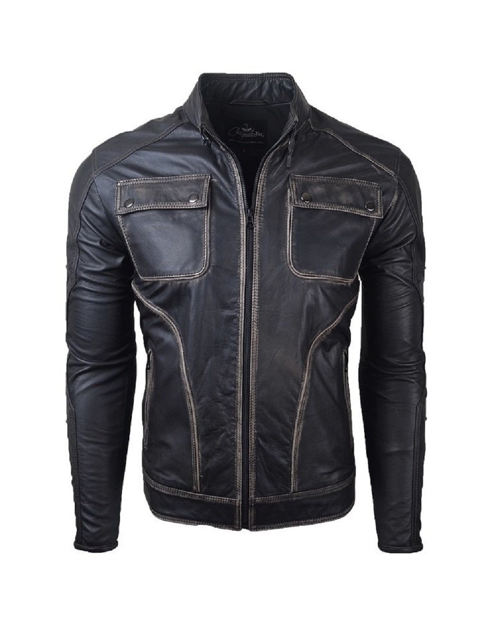 Chaqueta en cuero Abiman negra base beige la chaqueteria 