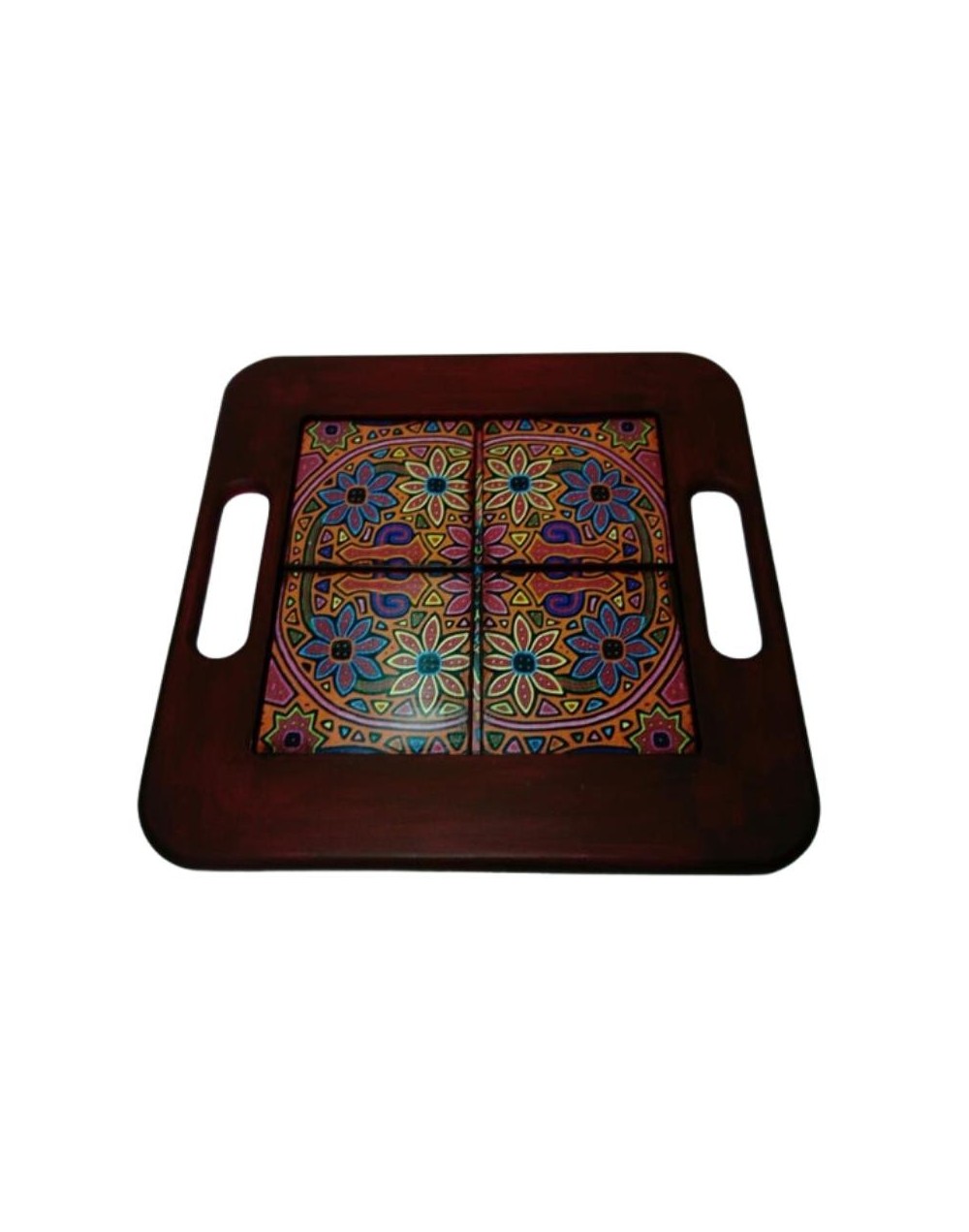 Bandeja Decorativa Artesanal + 4 Portavasos Pintados a Mano – Diseño Colorido