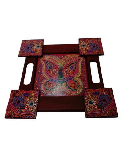 Bandeja Decorativa Artesanal + 4 Portavasos Pintados a Mano – Diseño Colorido