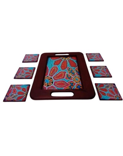 Bandeja Artesanal con 6 Portavasos Pintados a Mano – Set Decorativo