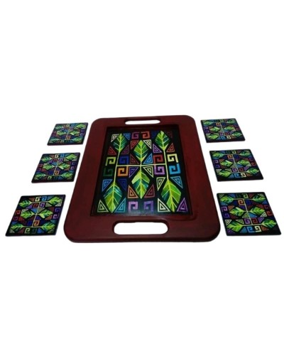 Bandeja Artesanal con 6 Portavasos Pintados a Mano – Set Decorativo