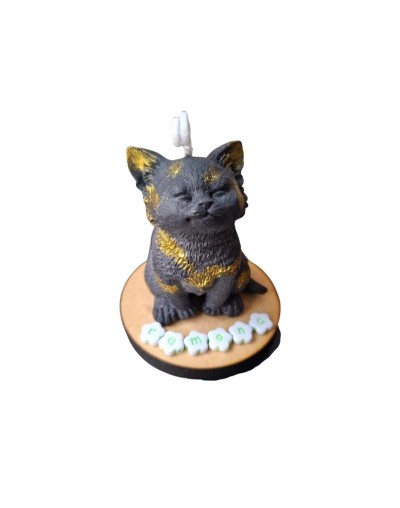 Vela gato sentado personalizado en base de madera