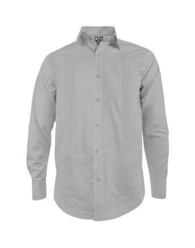 Guayabera alforzas gris claro con 2 bolsillos manga larga hombre