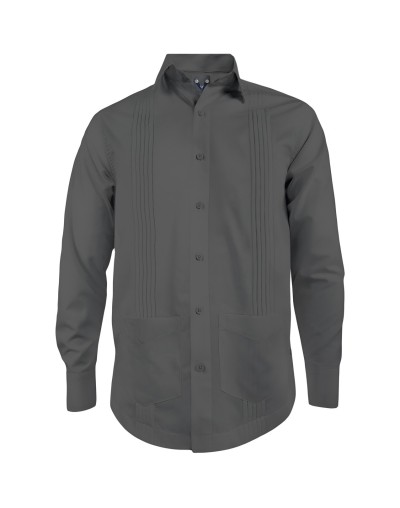 Guayabera alforzas gris oscuro con 2 bolsillos manga larga hombre