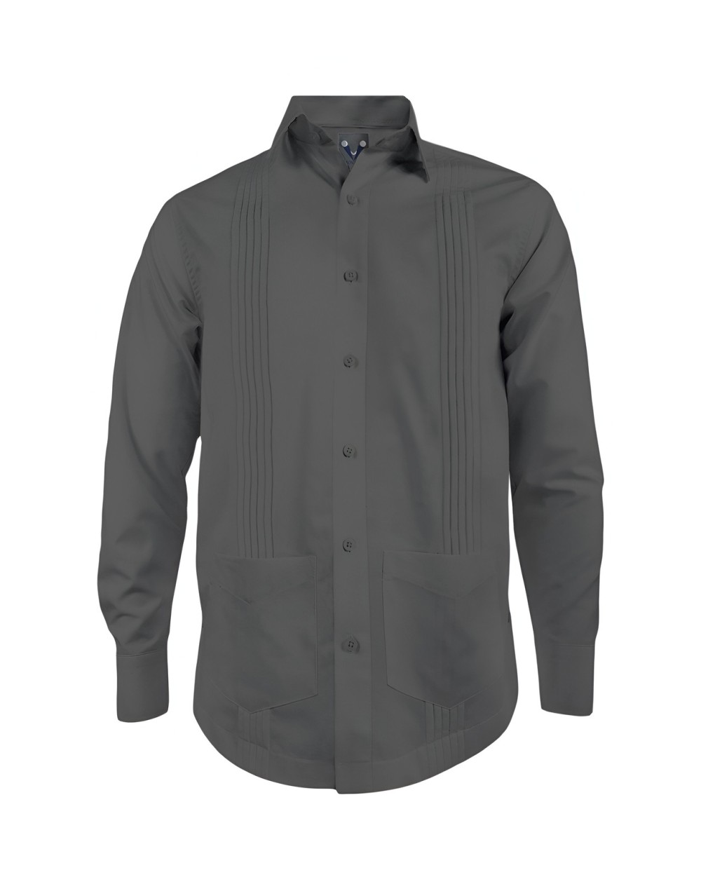 Guayabera alforzas gris oscuro con 2 bolsillos manga larga hombre