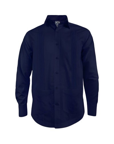 Guayabera alforzas azul oscuro con 2 bolsillos manga larga hombre