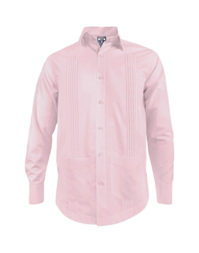 Guayabera alforzas rosado con 2 bolsillos manga larga hombre