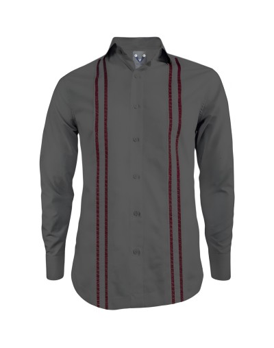 Camisa guayabera gris oscuro en algodón sin bolsillos bordada manga larga