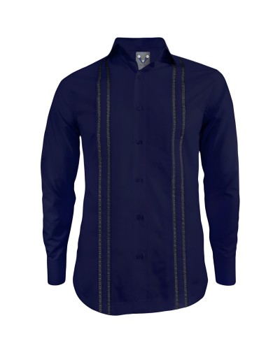 Camisa guayabera en algodón azul oscuro sin bolsillos bordada manga larga