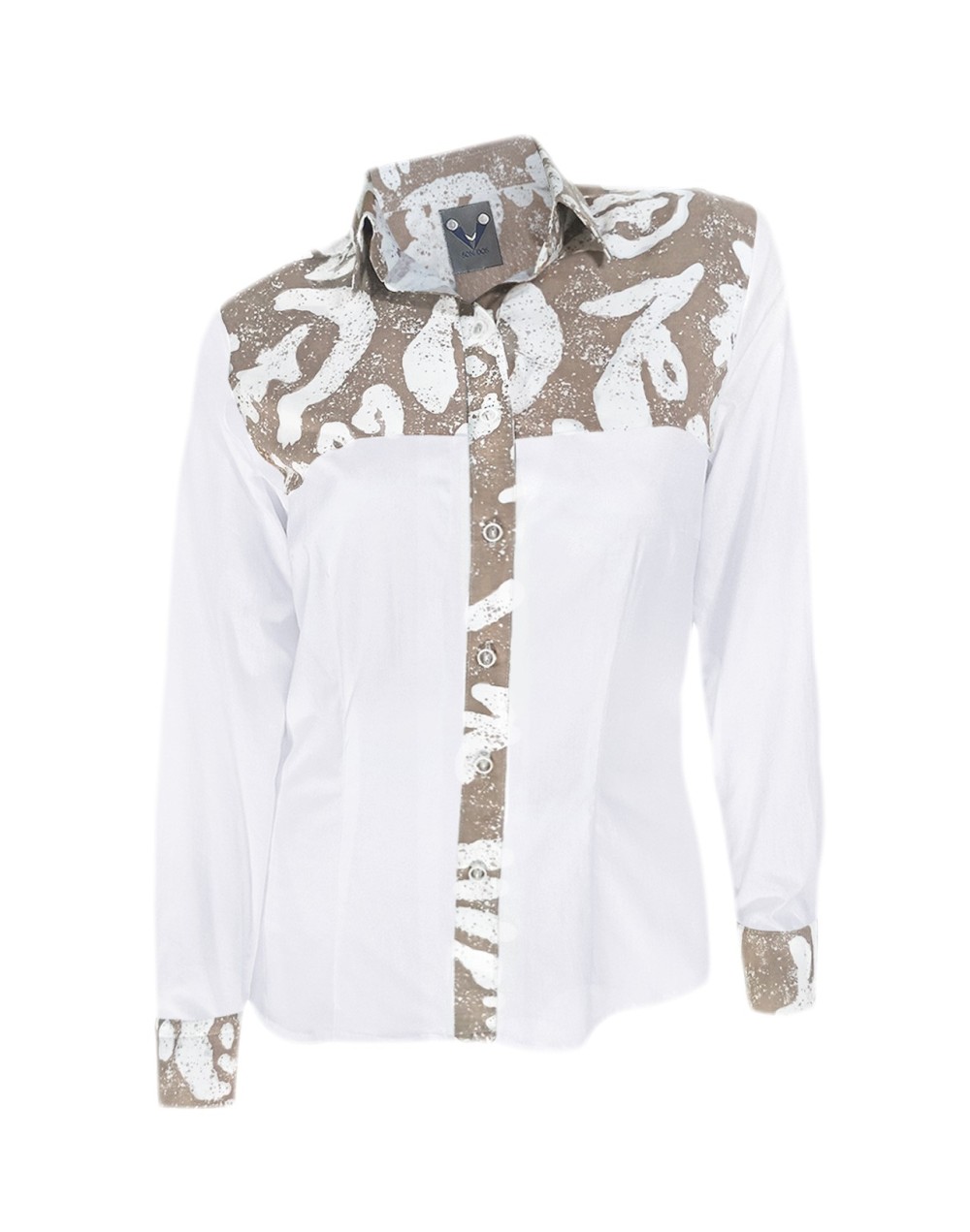 Camisa blusa blanca y camel estampada algodón manga larga mujer XS a 10XL