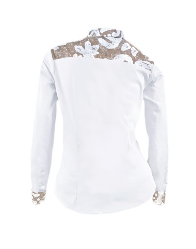 Camisa blusa blanca y camel estampada algodón manga larga mujer XS a 10XL