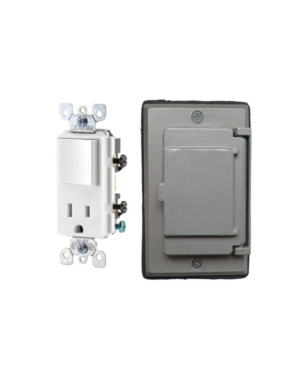 Interruptor + Tomacorriente Leviton Decora Con Tapa Intemperie Metalica