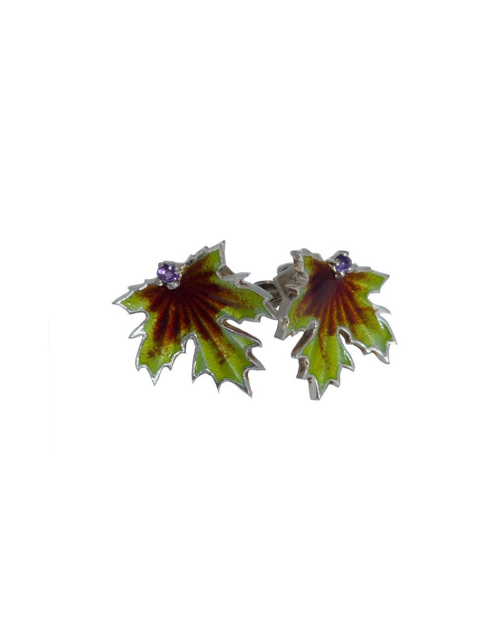 Aretes hojas de arce en plata 925 con esmalte al fuego y amatista | Lebedeva Jewelry Art