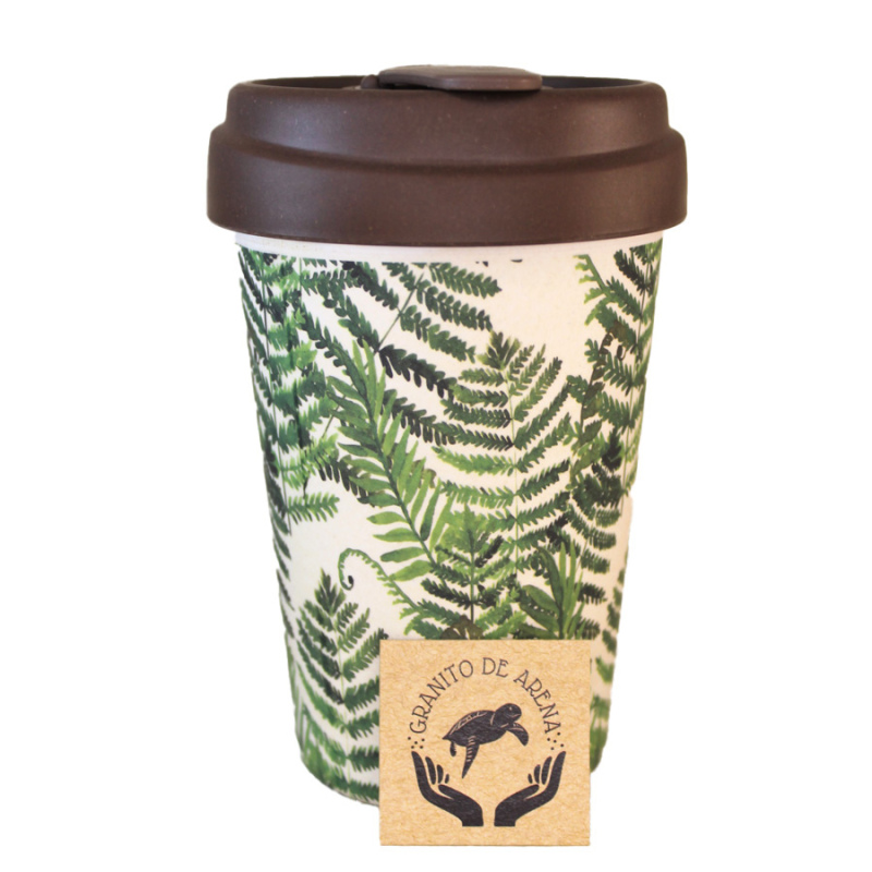 Mug 400 ml ecológico  pino café   en fibra de bambú con tapa antiderrames