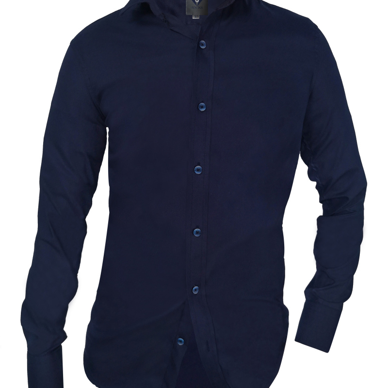 Camisa casual azul en algodón slim manga larga