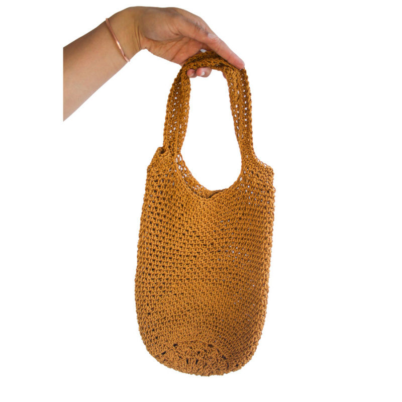 Mochila  bolsa tejida expandible reutilizable ecológica crochet dorada