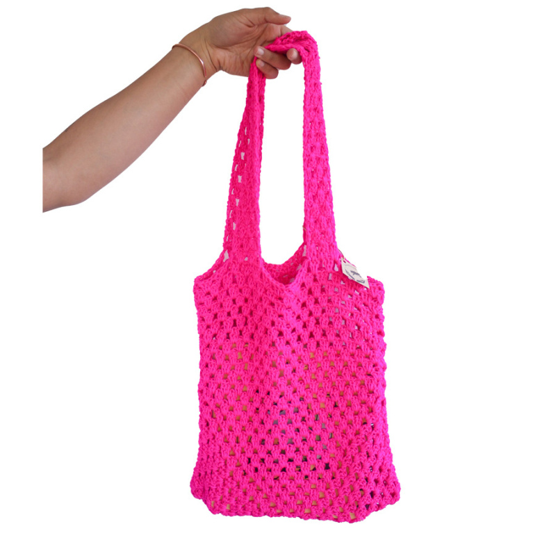 Mochila  bolsa tejida expandible reutilizable ecológica crochet rosada